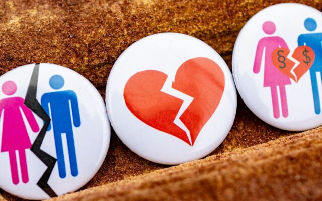 Family Breakdown Three buttons with people and a broken heart on them